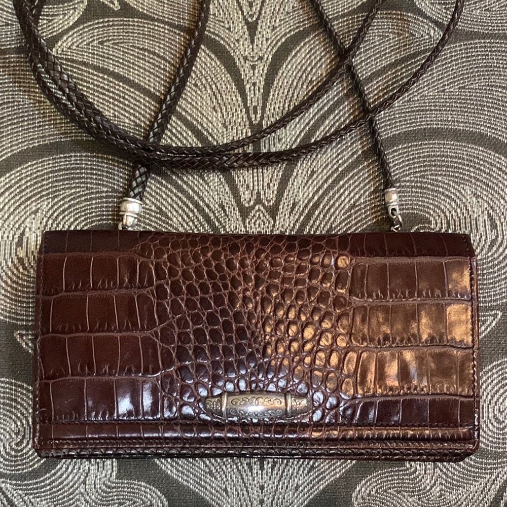 Brighton Leather Brown Croco-Embossed Large Wallet / Wristlet / Shoulder Strap